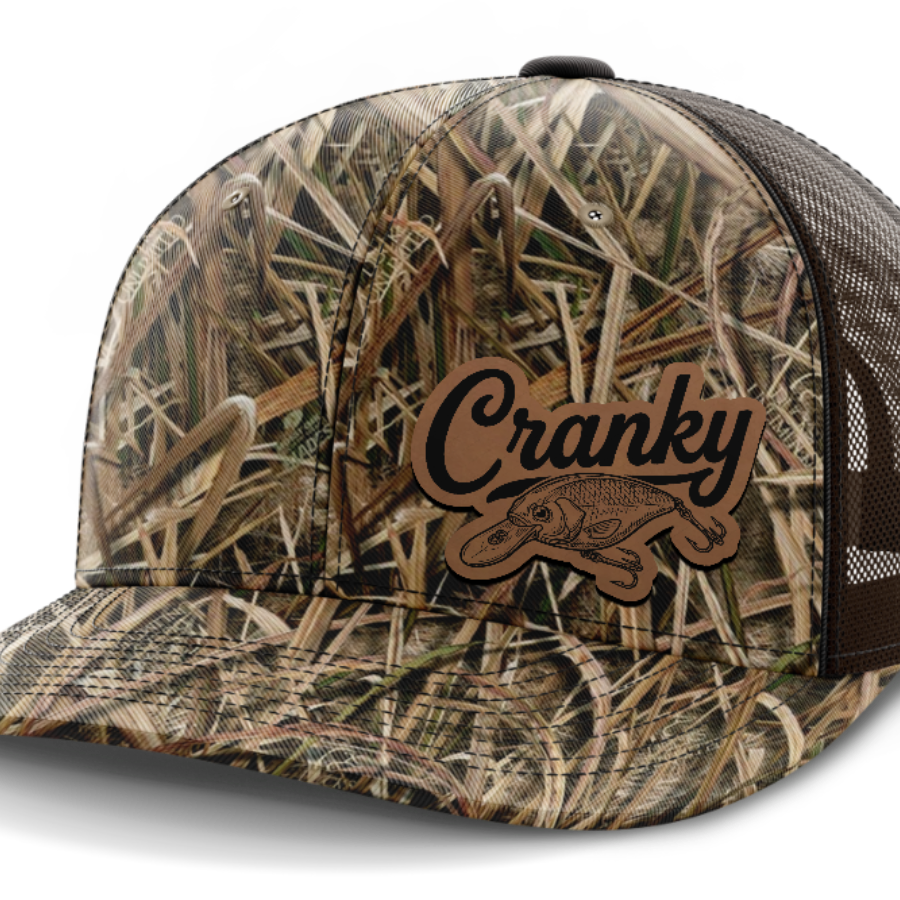 Cranky, Crankbait Decal (left), Leather Patch Hat — Mossy Oak Shadow Grassblades