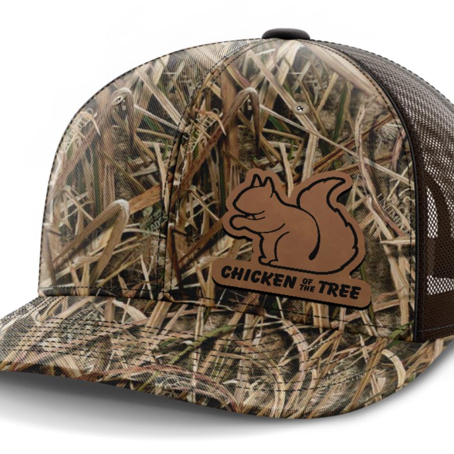 Chicken of the Tree, Squirrel Hunting, Leather Patch Hat — Mossy Oak Shadow Grassblades