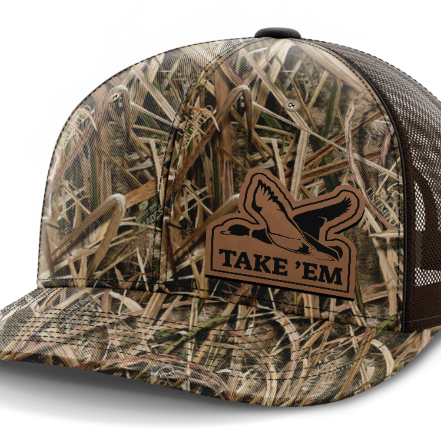 Take Em, Duck Hunting, Leather Patch Hat — Mossy Oak Shadow Grassblades