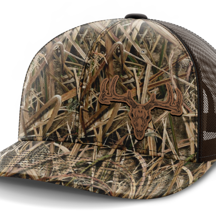 Deer Skull (left), Deer & Shed Hunting, Leather Patch Hat — Mossy Oak Shadow Grassblades