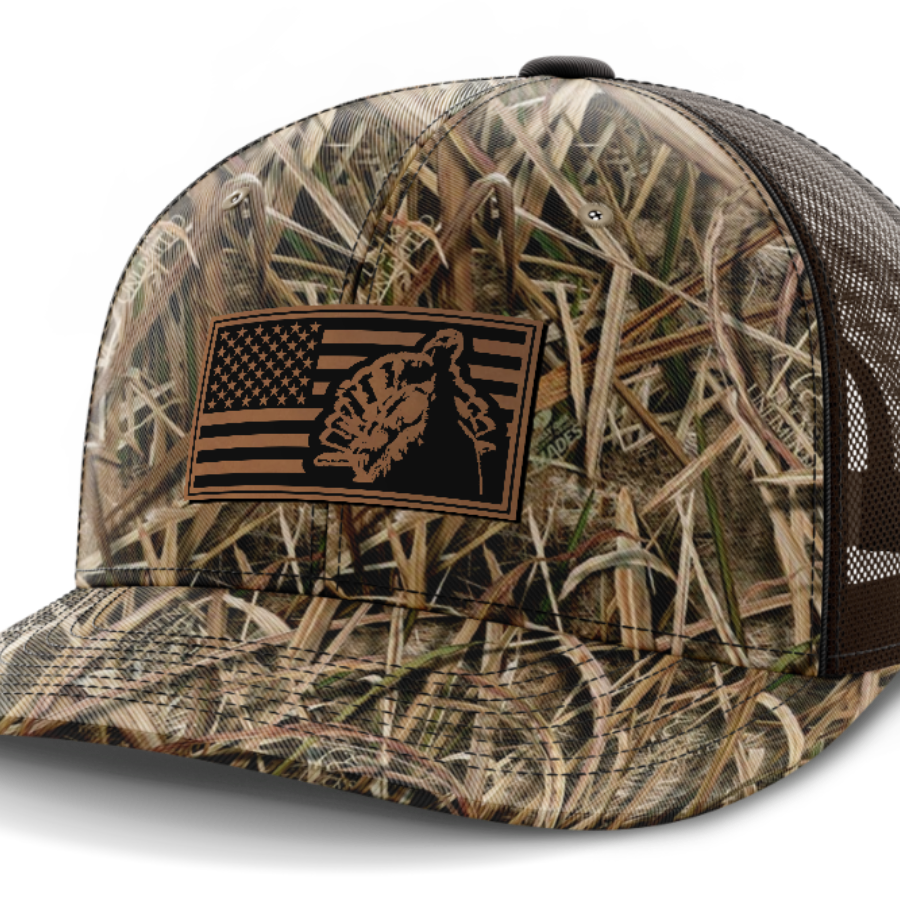 Flag with Turkey, Turkey Hunting, Leather Patch Hat — Mossy Oak Shadow Grassblades