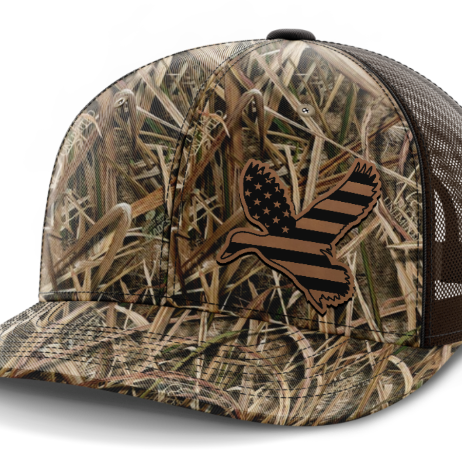 Duck Flag (left), Duck Hunting, Leather Patch Hat — Mossy Oak Shadow Grassblades
