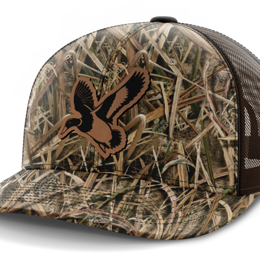 Mallard, Duck Hunting, Leather Patch Hat — Mossy Oak Shadow Grassblades