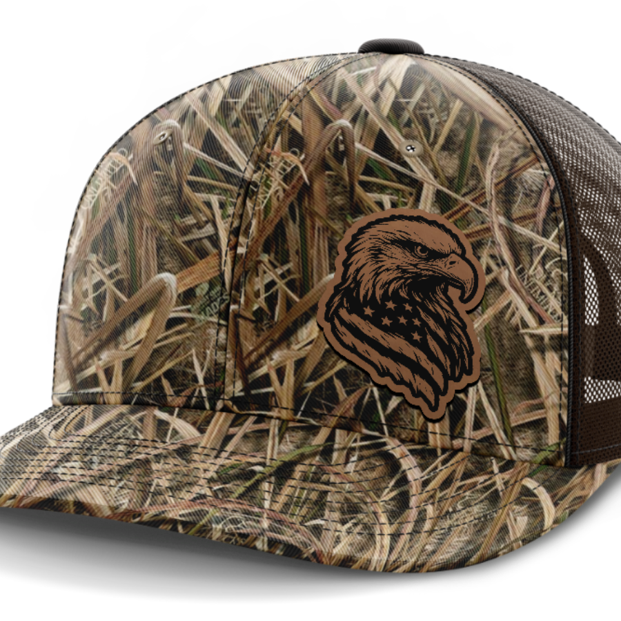 Eagle Flag (left), Leather Patch Hat — Mossy Oak Shadow Grassblades