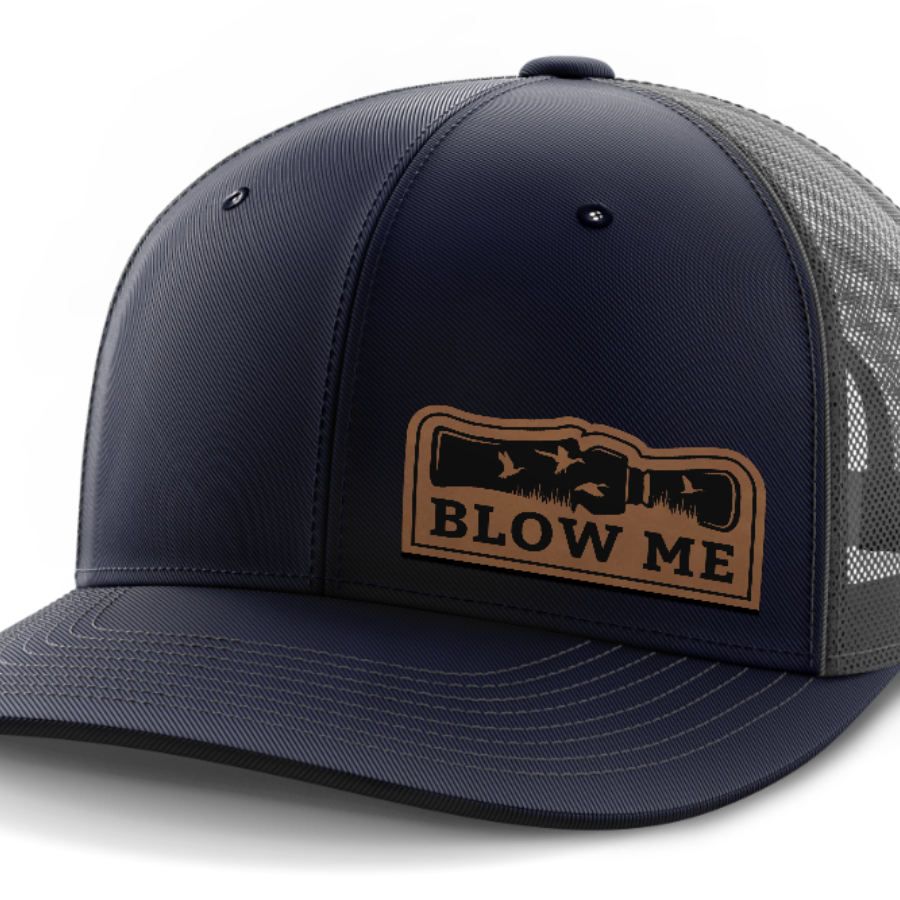 Blow Me, Duck Hunting, Leather Patch Hat — Navy | Dark Gray