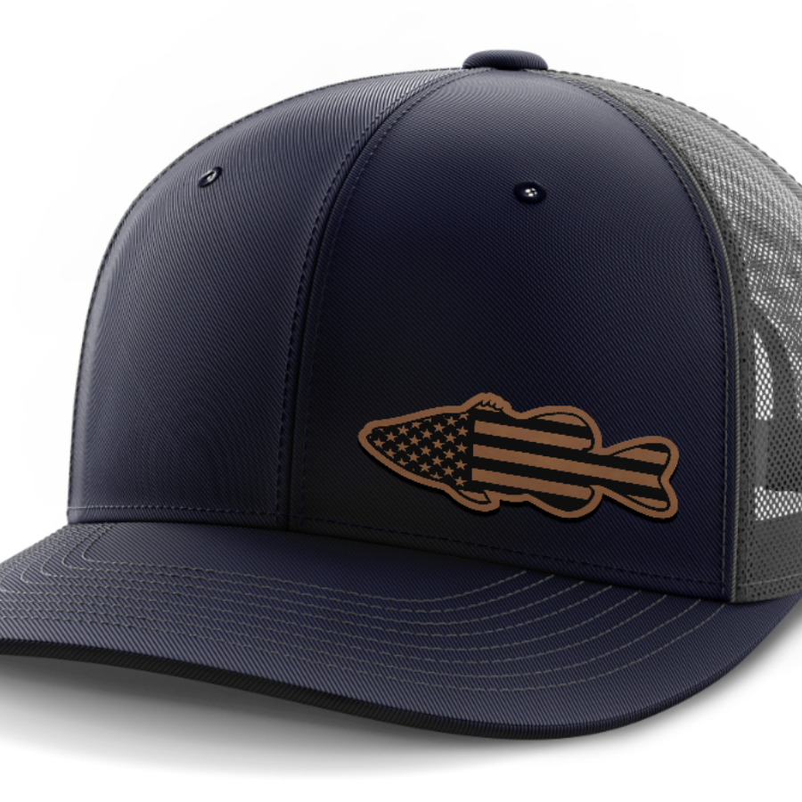 Bass Flag, Leather Patch Hat — Navy | Dark Gray