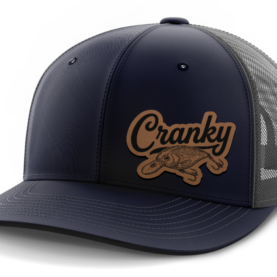 Cranky, Crankbait Decal (left), Leather Patch Hat — Navy | Dark Gray