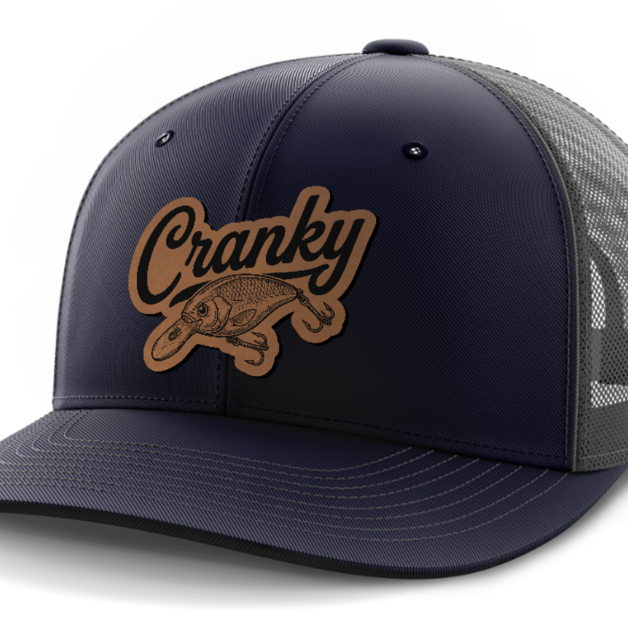 Cranky, Crankbait Decal, Leather Patch Hat — Navy | Dark Gray
