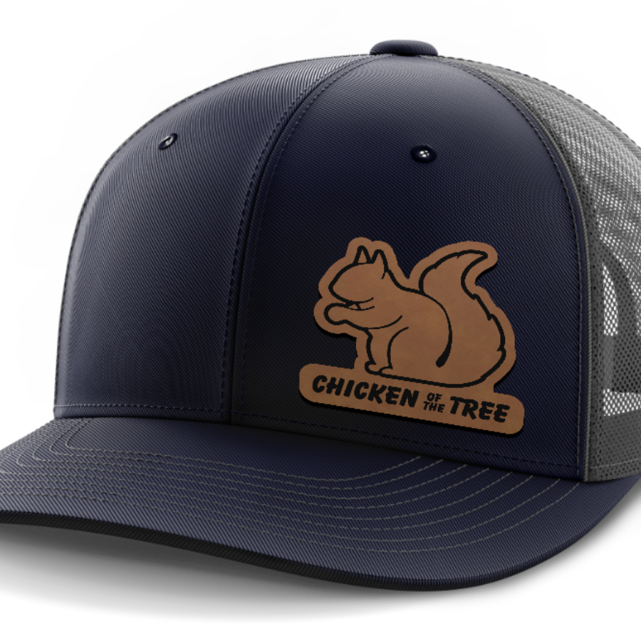 Chicken of the Tree, Squirrel Hunting, Leather Patch Hat — Navy | Dark Gray