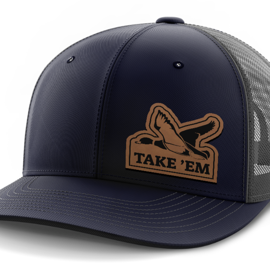 Take Em, Duck Hunting, Leather Patch Hat — Navy | Dark Gray