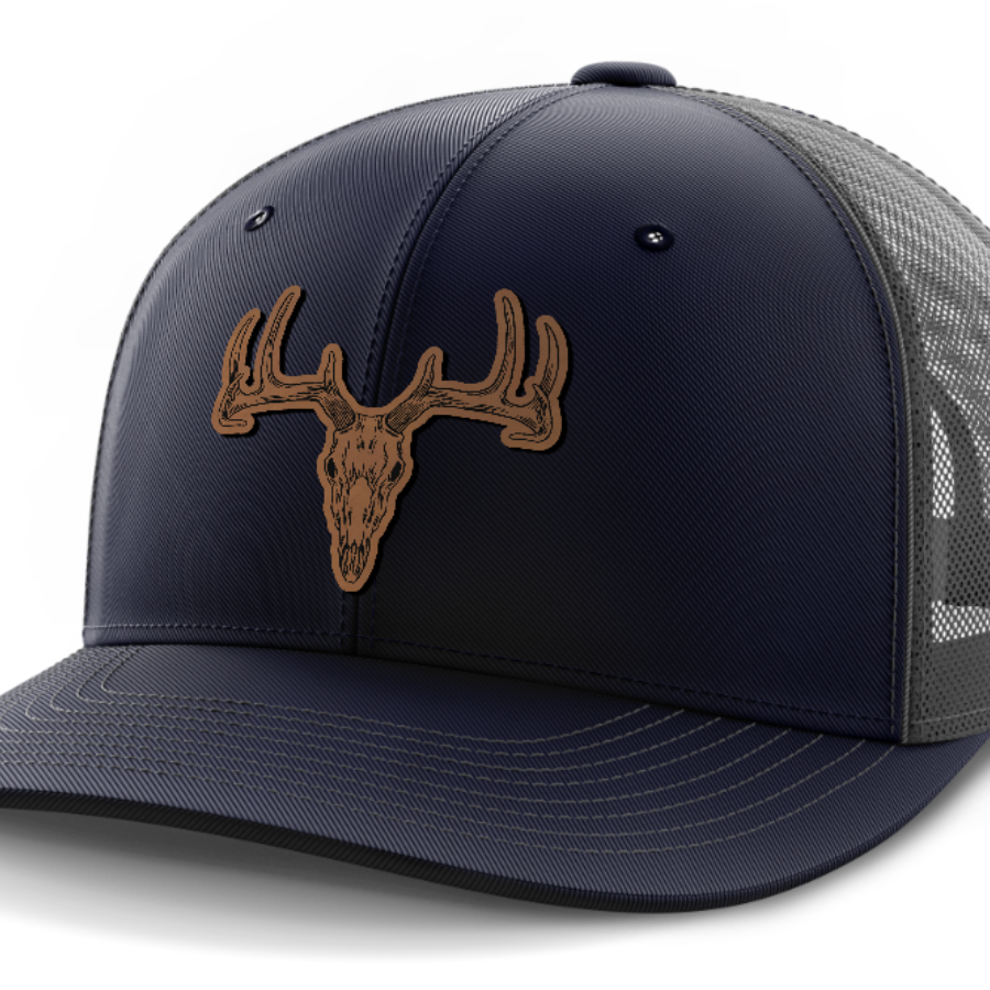Deer Skull, Deer & Shed Hunting, Leather Patch Hat — Navy | Dark Gray