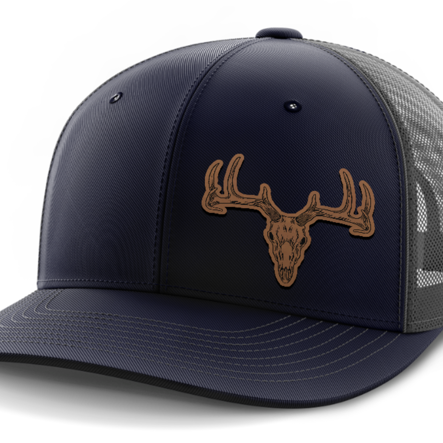 Deer Skull (left), Deer & Shed Hunting, Leather Patch Hat — Navy | Dark Gray