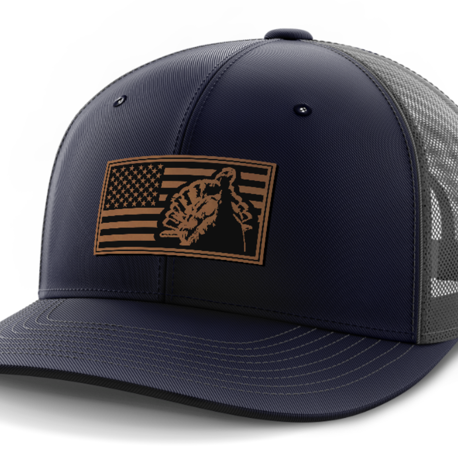 Flag with Turkey, Turkey Hunting, Leather Patch Hat — Navy | Dark Gray