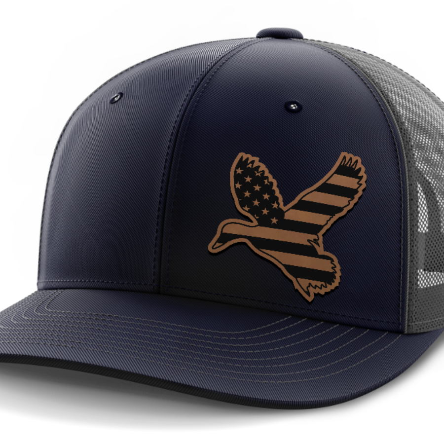 Duck Flag (left), Duck Hunting, Leather Patch Hat — Navy | Dark Gray