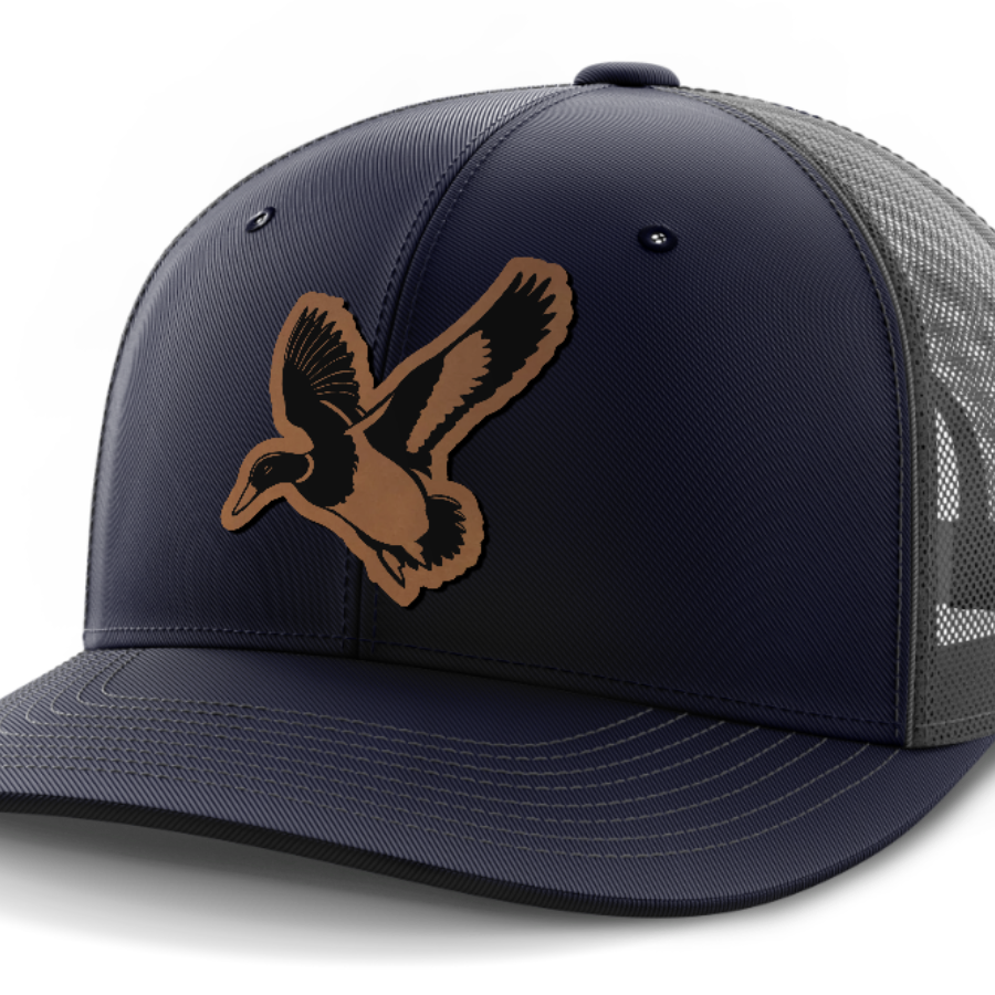 Mallard, Duck Hunting, Leather Patch Hat — Navy | Dark Gray