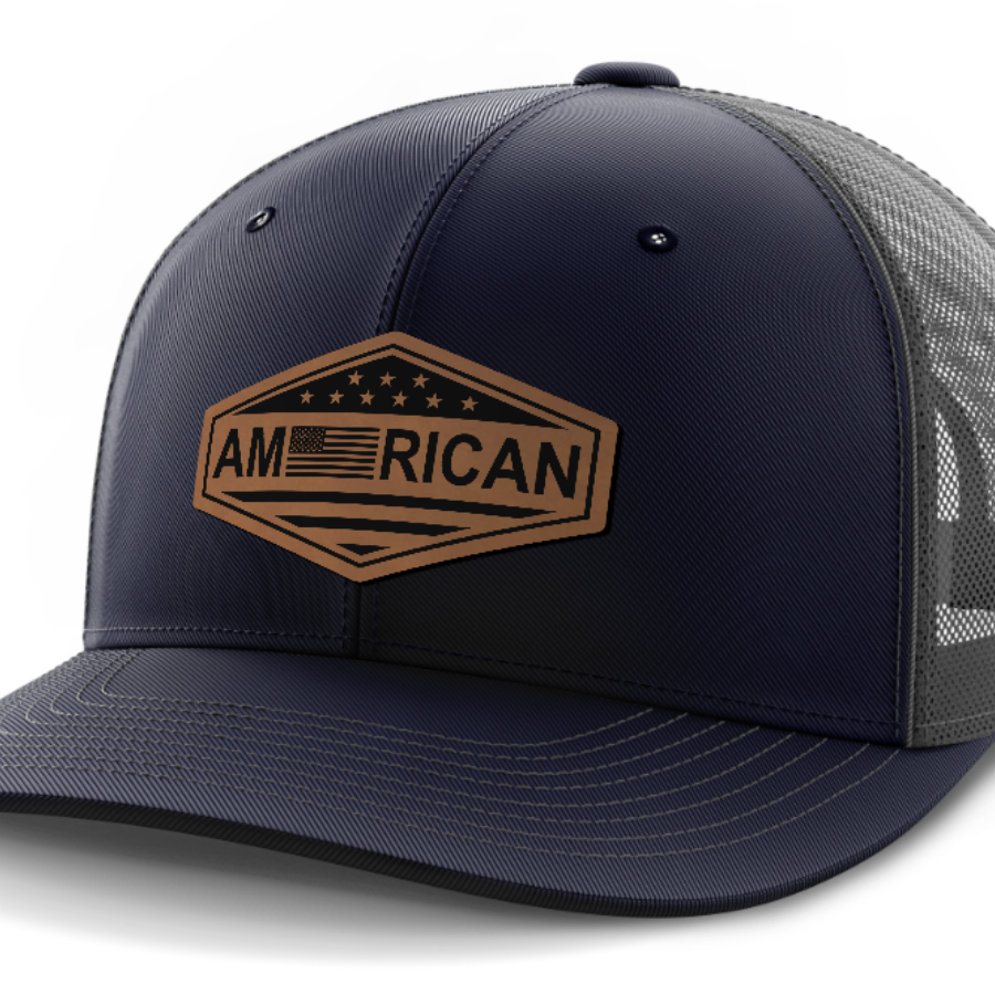 American Flag, Leather Patch Trucker Hat — Navy | Dark Gray