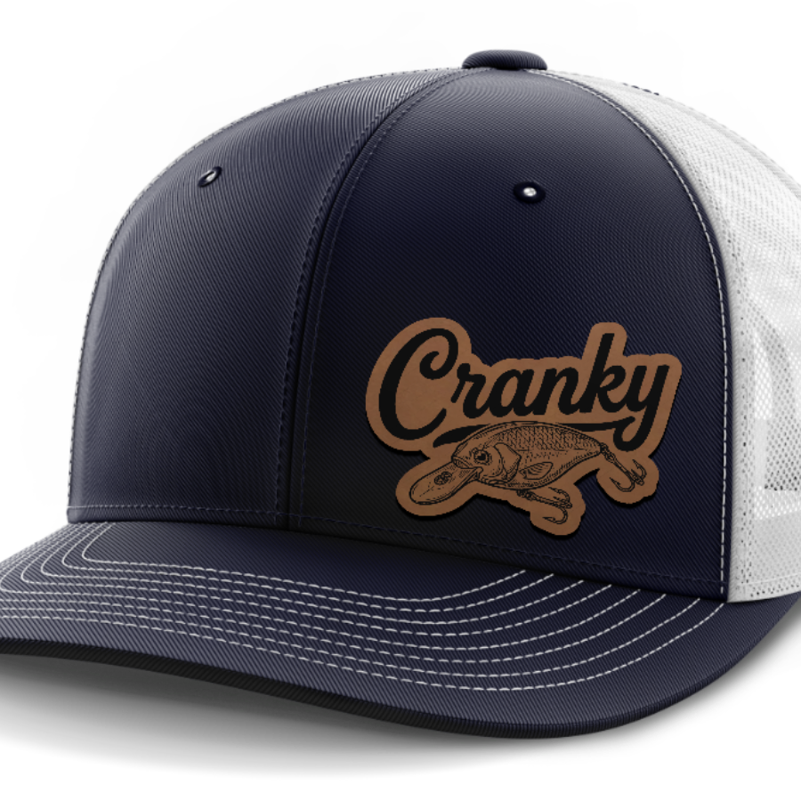 Cranky, Crankbait Decal (left), Leather Patch Hat — Navy | White