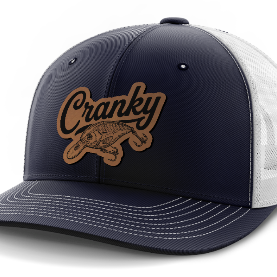Cranky, Crankbait Decal, Leather Patch Hat — Navy | White