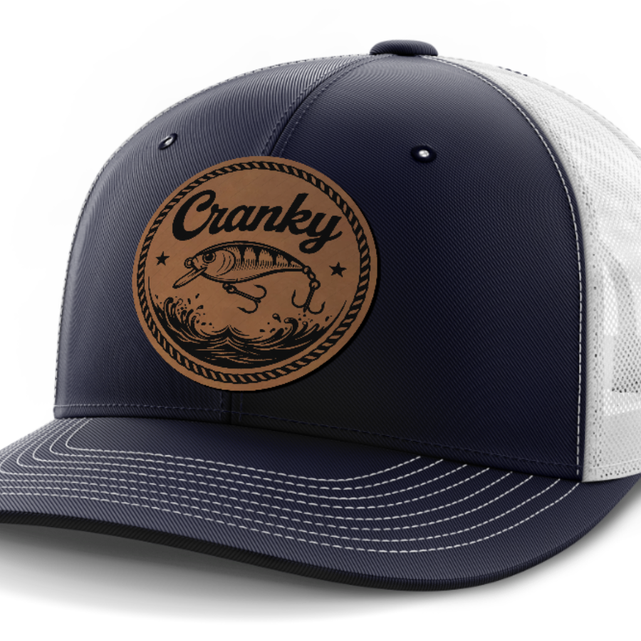 Cranky, Crankbait (round), Leather Patch Hat — Navy | White