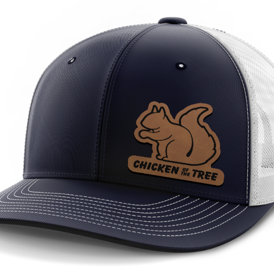 Chicken of the Tree, Squirrel Hunting, Leather Patch Hat — Navy | White