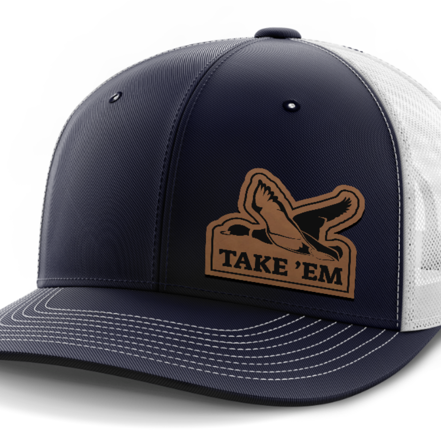 Take Em, Duck Hunting, Leather Patch Hat — Navy | White