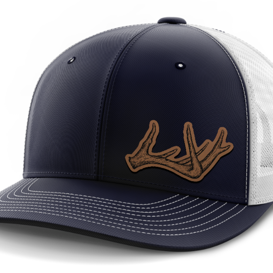 Antlers, Deer & Shed Hunting, Leather Patch Hat — Navy | White