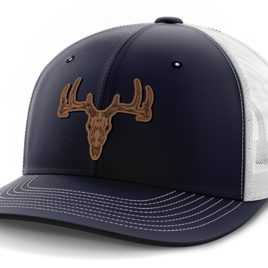 Deer Skull, Deer & Shed Hunting, Leather Patch Hat — Navy | White