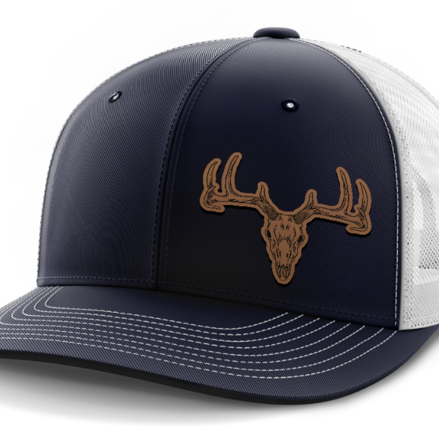 Deer Skull (left), Deer & Shed Hunting, Leather Patch Hat — Navy | White