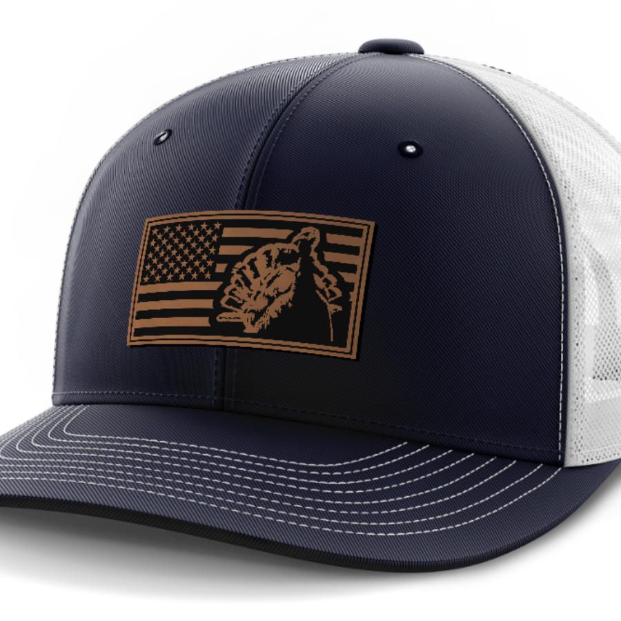 Flag with Turkey, Turkey Hunting, Leather Patch Hat — Navy | White