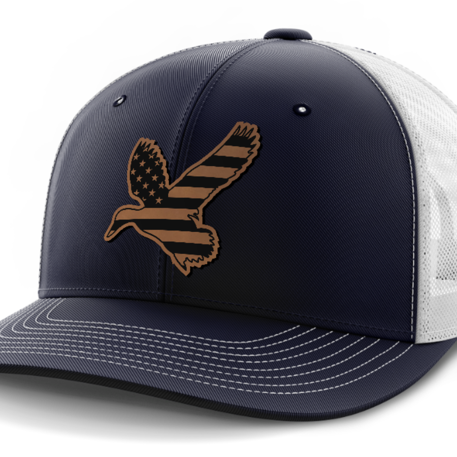 Duck Flag, Duck Hunting, Leather Patch Hat — Navy | White