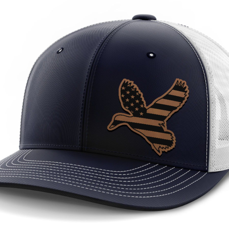 Duck Flag (left), Duck Hunting, Leather Patch Hat — Navy | White