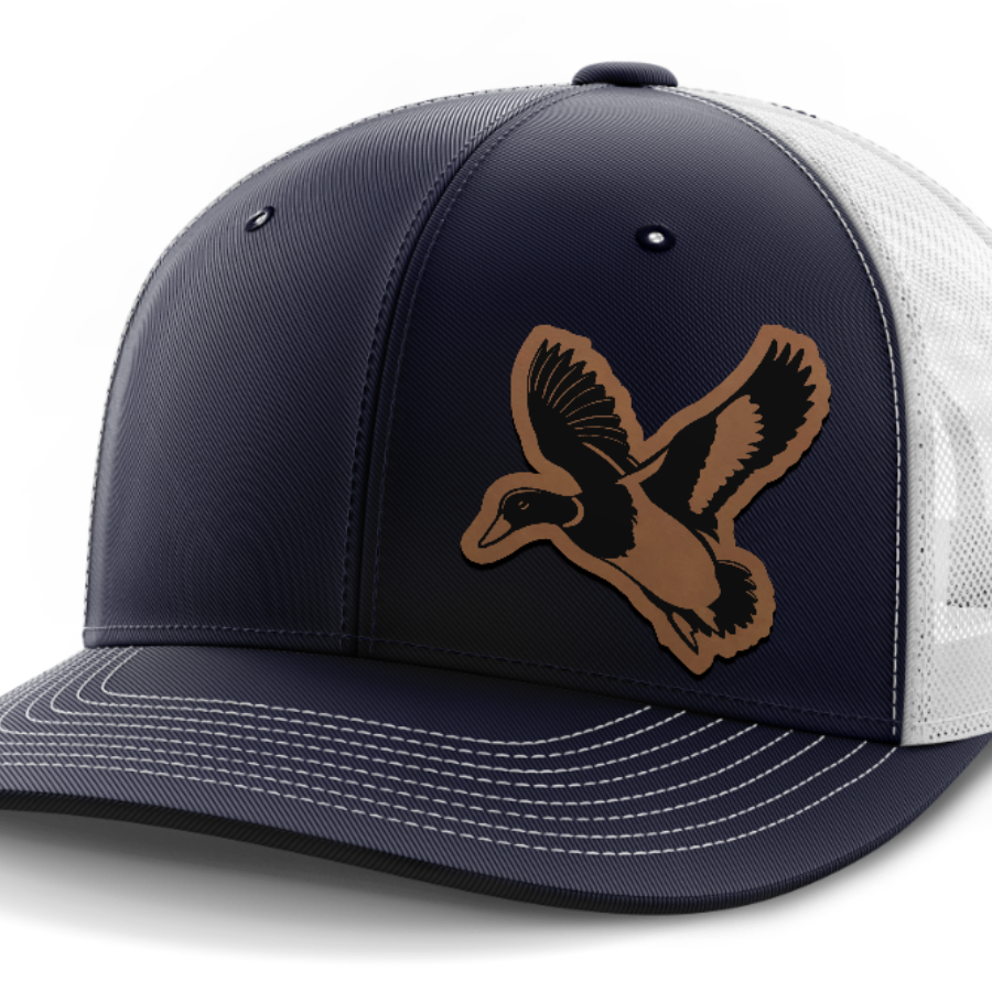 mallard@4x — 6 Panel Mid Profile Mesh Back Trucker Hat — Navy | White