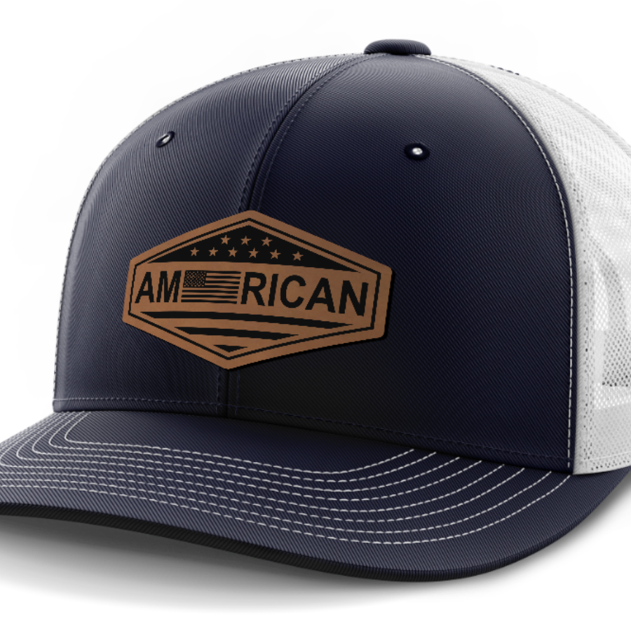 American Flag, Leather Patch Trucker Hat — Navy | White