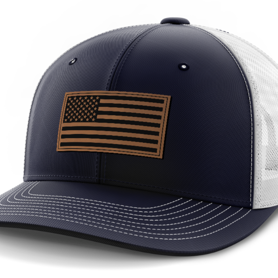 USA Flag, Leather Patch Hat — Navy | White
