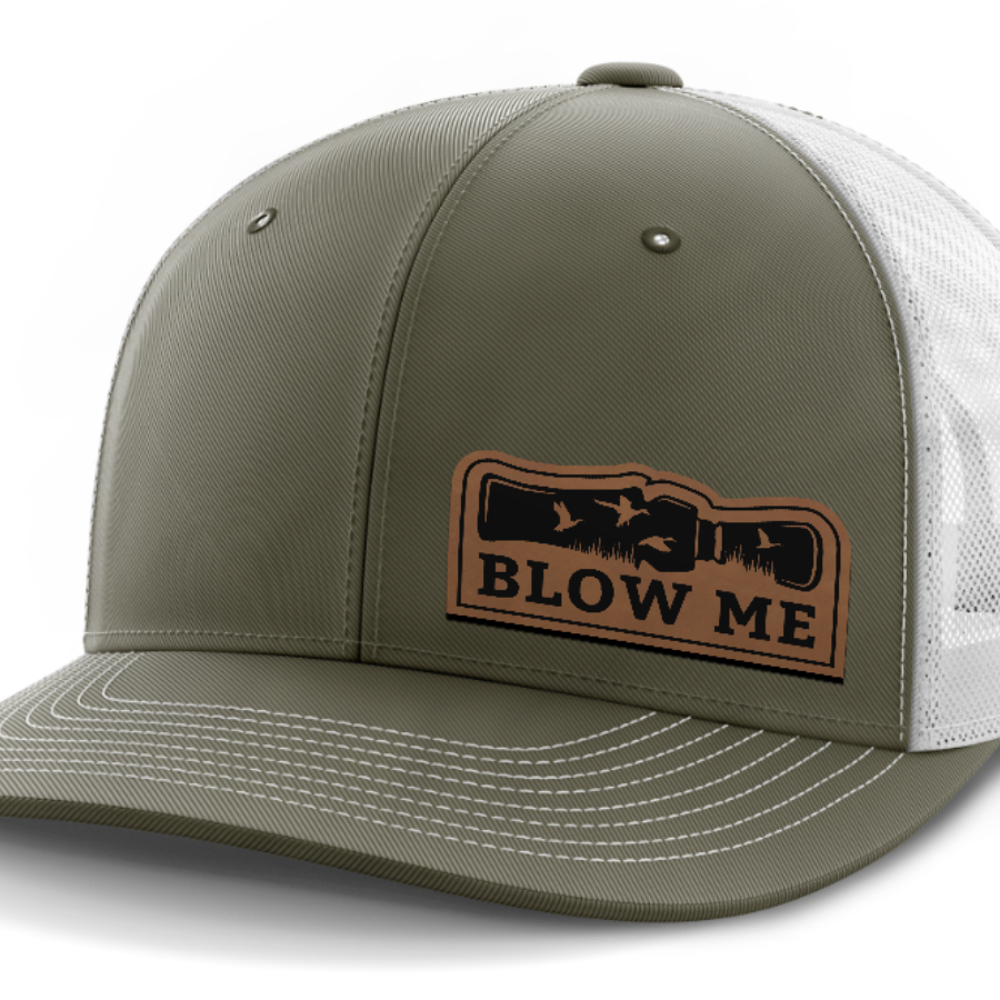 Blow Me, Duck Hunting, Leather Patch Hat — Olive Green | White