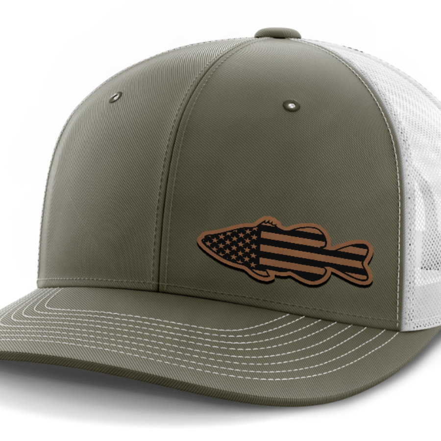 Bass Flag, Leather Patch Hat — Olive Green | White