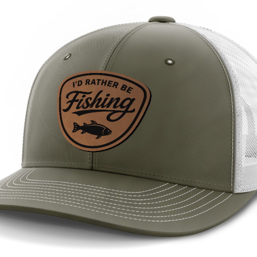 I'd Rather Be Fishing, Leather Patch Hat — Olive Green | White