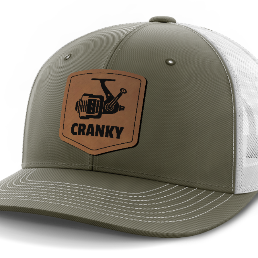 Cranky, Spinner, Leather Patch Hat — Olive Green | White