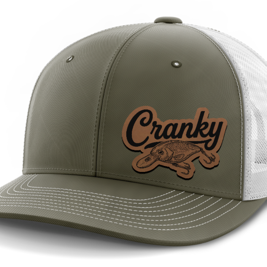 Cranky, Crankbait Decal (left), Leather Patch Hat — Olive Green | White