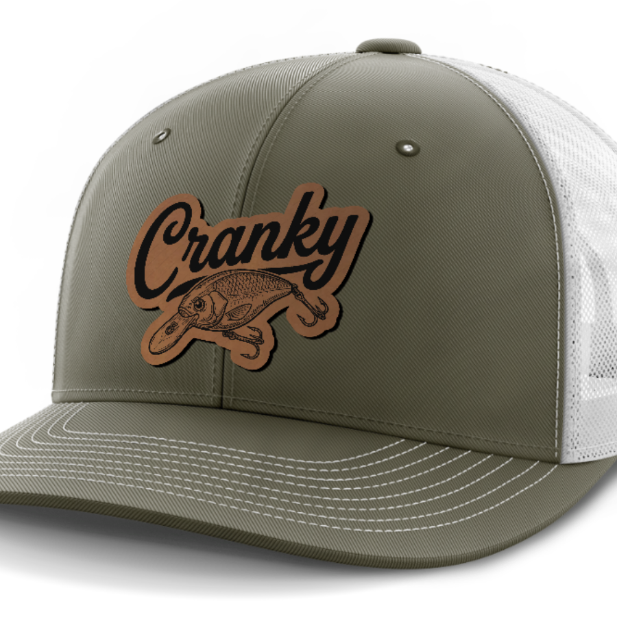 Cranky, Crankbait Decal, Leather Patch Hat — Olive Green | White