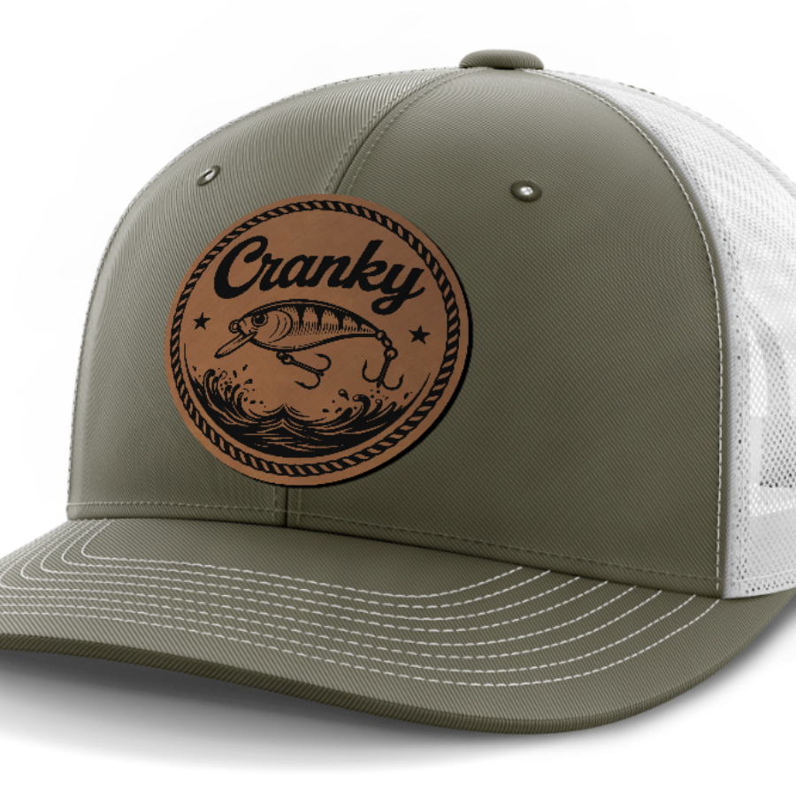 Cranky, Crankbait (round), Leather Patch Hat — Olive Green | White