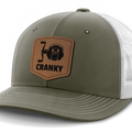 Cranky, Baitcaster, Leather Patch Hat — Olive Green | White