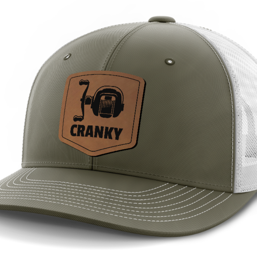 Cranky, Baitcaster, Leather Patch Hat — Olive Green | White