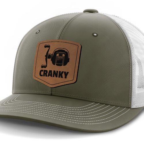 Cranky, Baitcaster, Leather Patch Hat — Olive Green | White