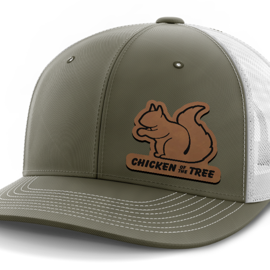Chicken of the Tree, Squirrel Hunting, Leather Patch Hat — Olive Green | White