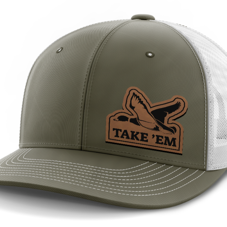 Take Em, Duck Hunting, Leather Patch Hat — Olive Green | White