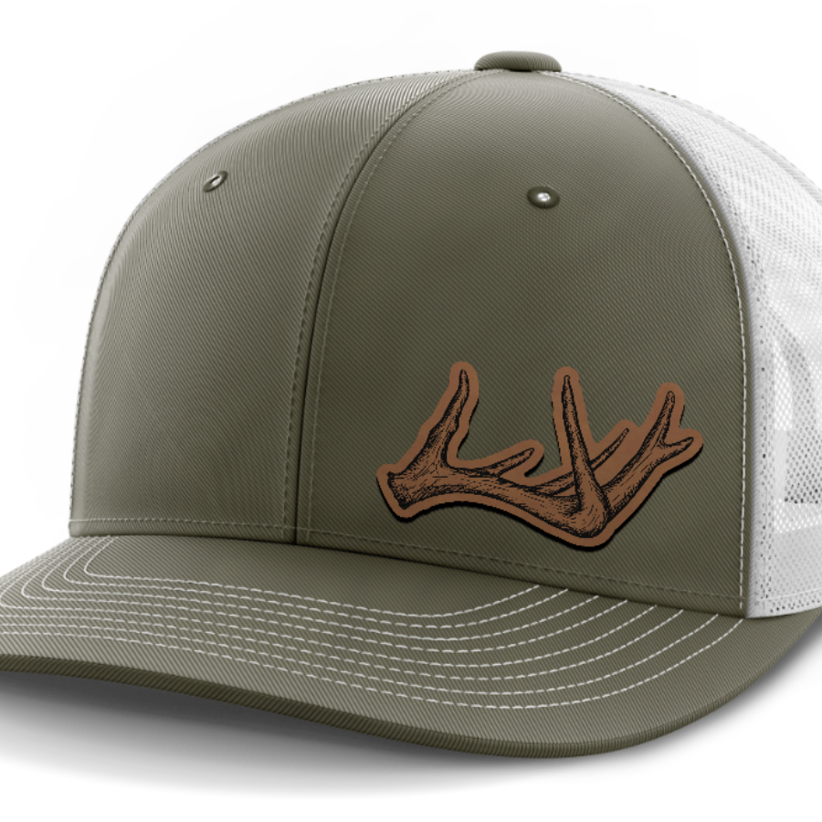 Antlers, Deer & Shed Hunting, Leather Patch Hat — Olive Green | White
