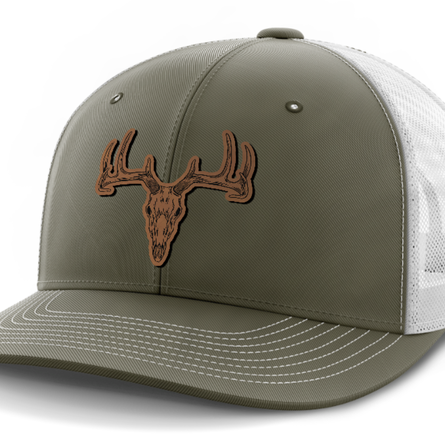 Deer Skull, Deer & Shed Hunting, Leather Patch Hat — Olive Green | White