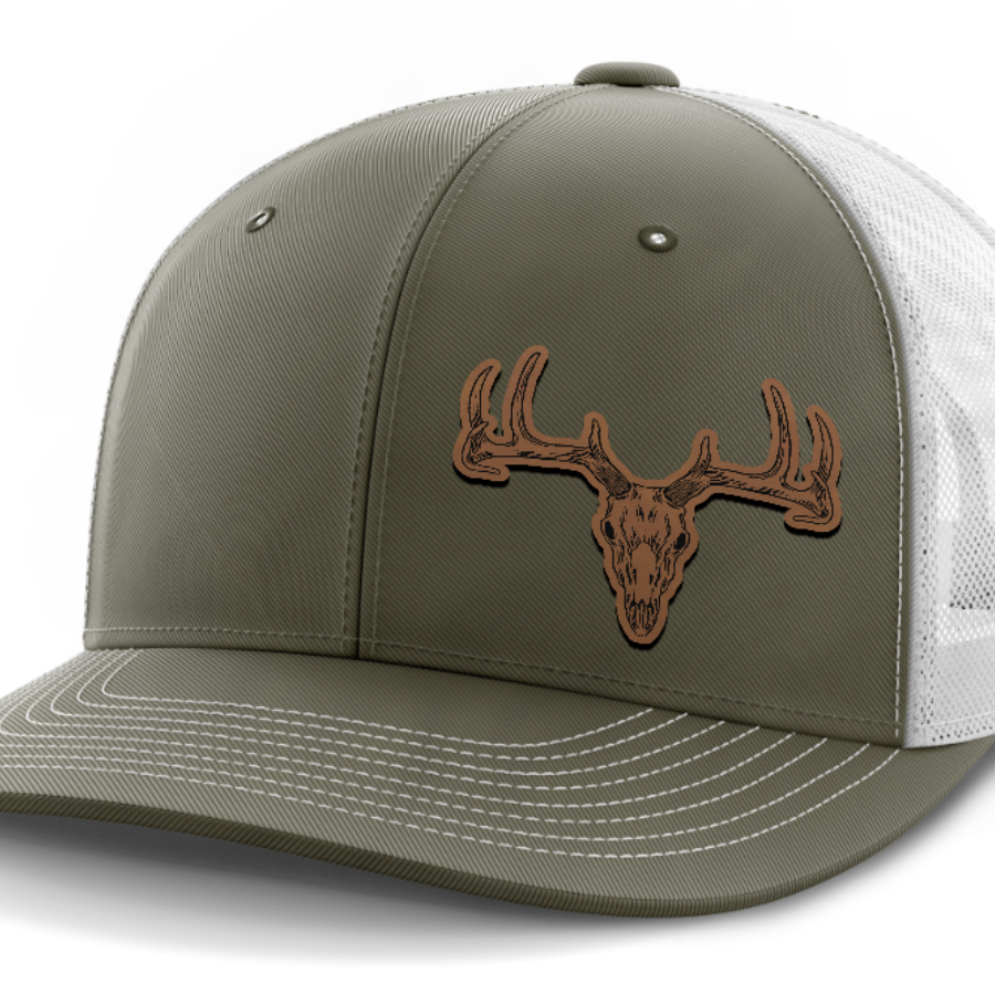 Deer Skull (left), Deer & Shed Hunting, Leather Patch Hat — Olive Green | White