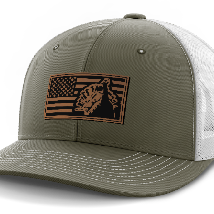 Flag with Turkey, Turkey Hunting, Leather Patch Hat — Olive Green | White